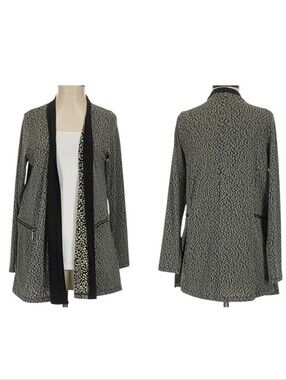 Sun Kim Womens Jacket Open Front Animal Print Zipper Detail Black Tan Size S